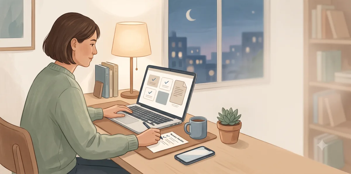 A woman reviewing an account recovery checklist at home