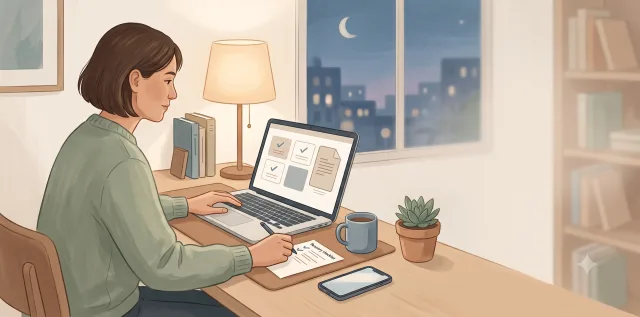 A woman calmly reviewing an account recovery checklist at home