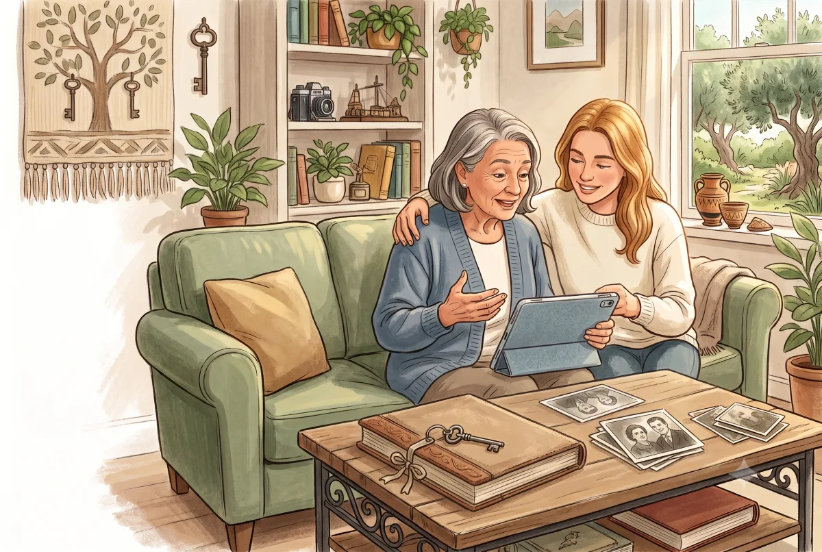 Two family members looking through photographs together at home