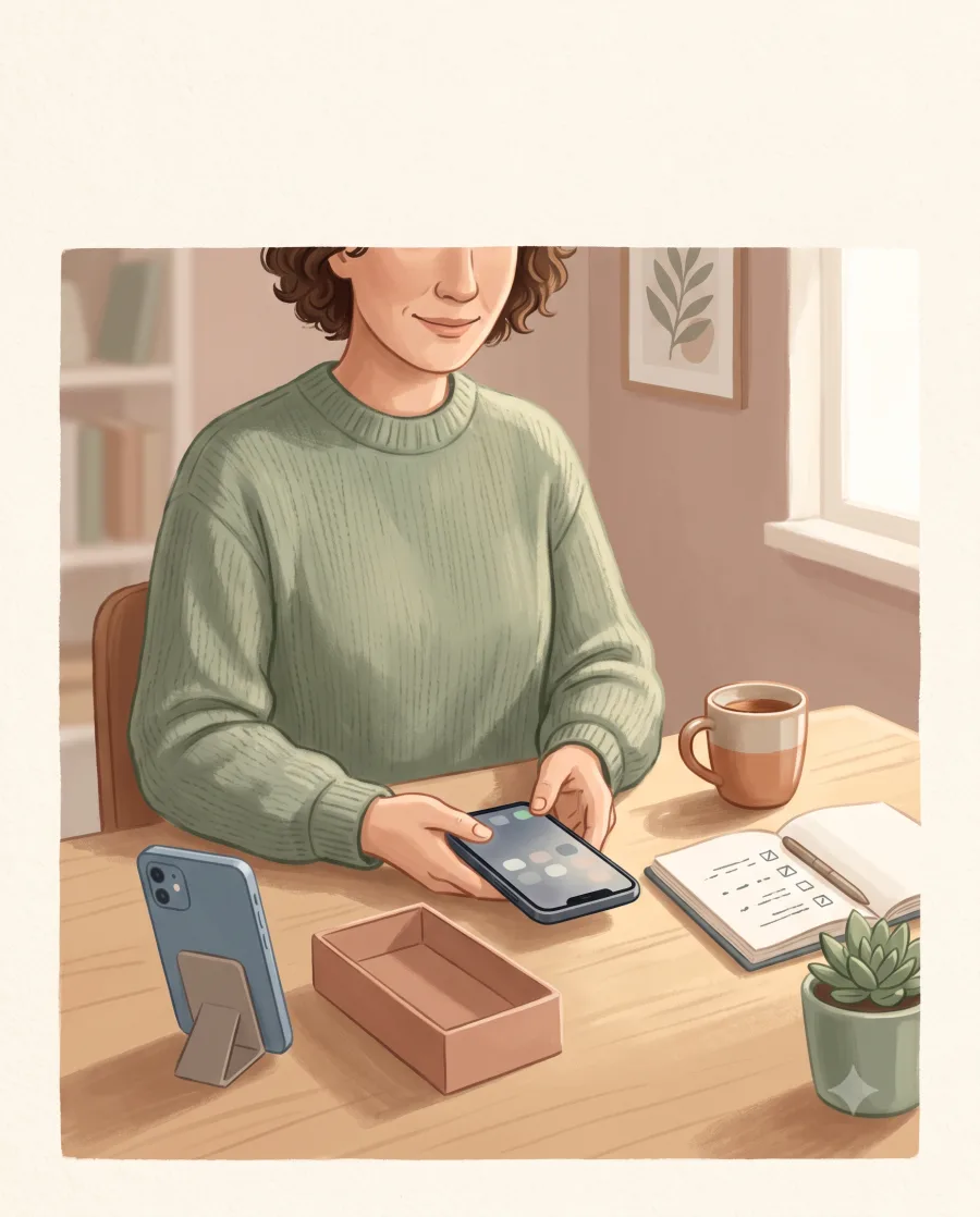 A person setting up a new phone beside their old phone and a written checklist