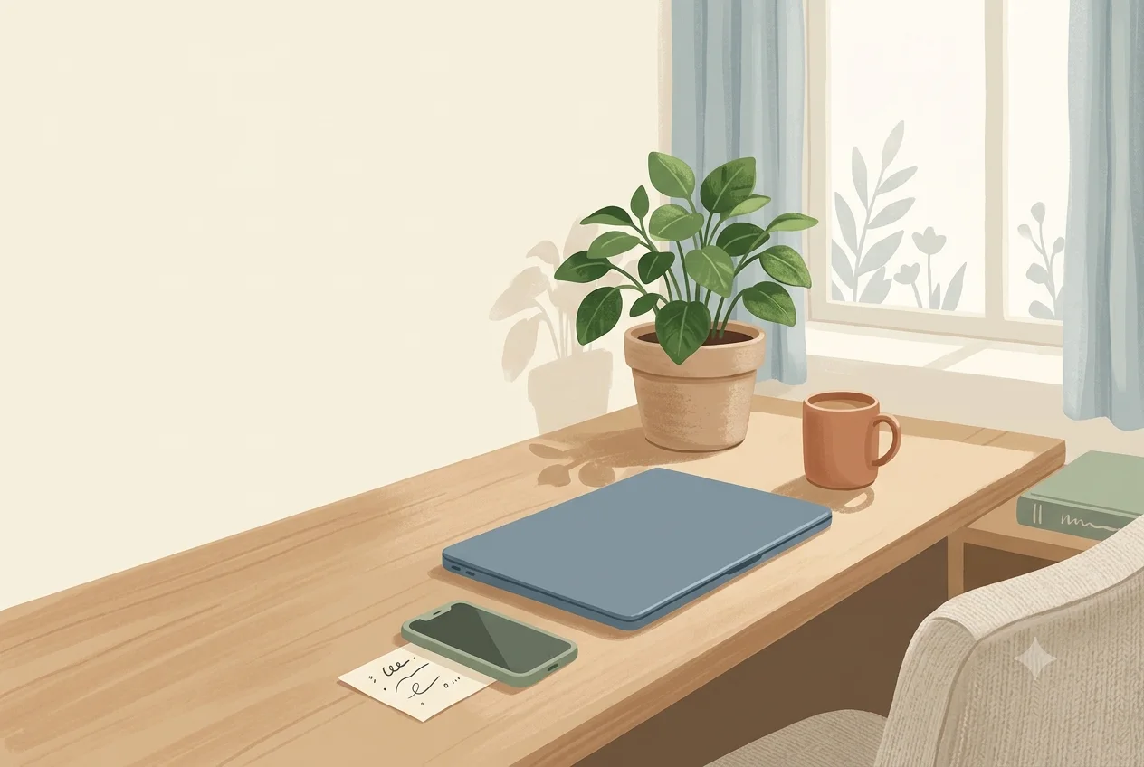A quiet home desk with a closed laptop, phone, plant, and cup in soft morning light
